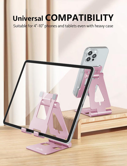 Aoviho Cell Phone Stand for Desk, Adjustable Desktop Phone Holder Stand, Foldable Moblie Phone Dock for iPhone17 16 15 14 13 12 11 Pro Xs Max Xr X 8 7 6 5 5s SE Nintendo Switch All Phones, Pink