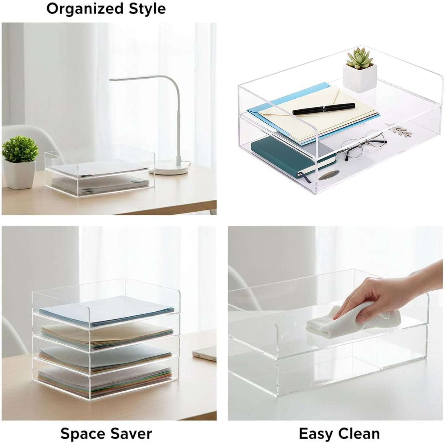 2 Pcs Stackable Paper Letter Tray, A4 Size Acrylic Desk Organizer, Clear File & Document Tray, Open Front Design, 12.4 x 8.7 x 2.7 in for Office Storage