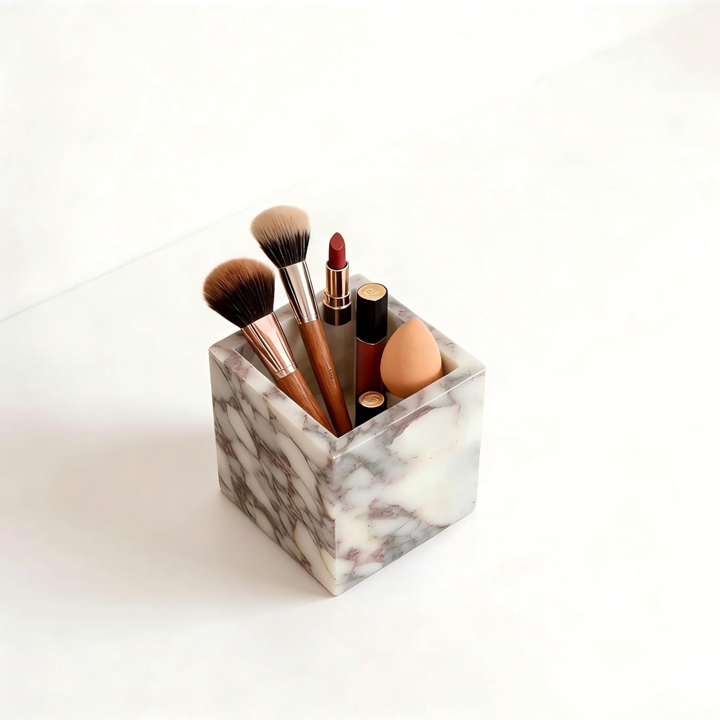Marble Pen Holder, White Stone Rectangular Desktop Organizer, Office Study Makeup Brush Storage, Home Desk Decor, Minimalist Design, Durable Marble Accessory