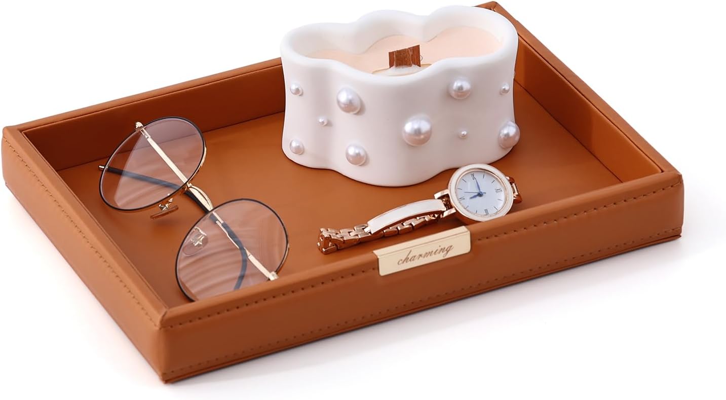CASEGRACE PU Leather Valet Tray Organizer Jewelry Decorative Dish for Wallet, Key,Watch, Coin Change, Phone Perfume Cosmetic Dressing Table Living Room Entryway Table Catchall Tray (Brown)