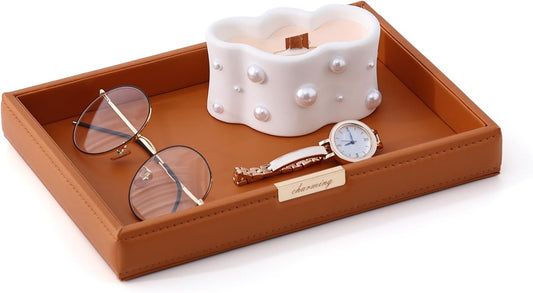CASEGRACE PU Leather Valet Tray Organizer Jewelry Decorative Dish for Wallet, Key,Watch, Coin Change, Phone Perfume Cosmetic Dressing Table Living Room Entryway Table Catchall Tray (Brown)