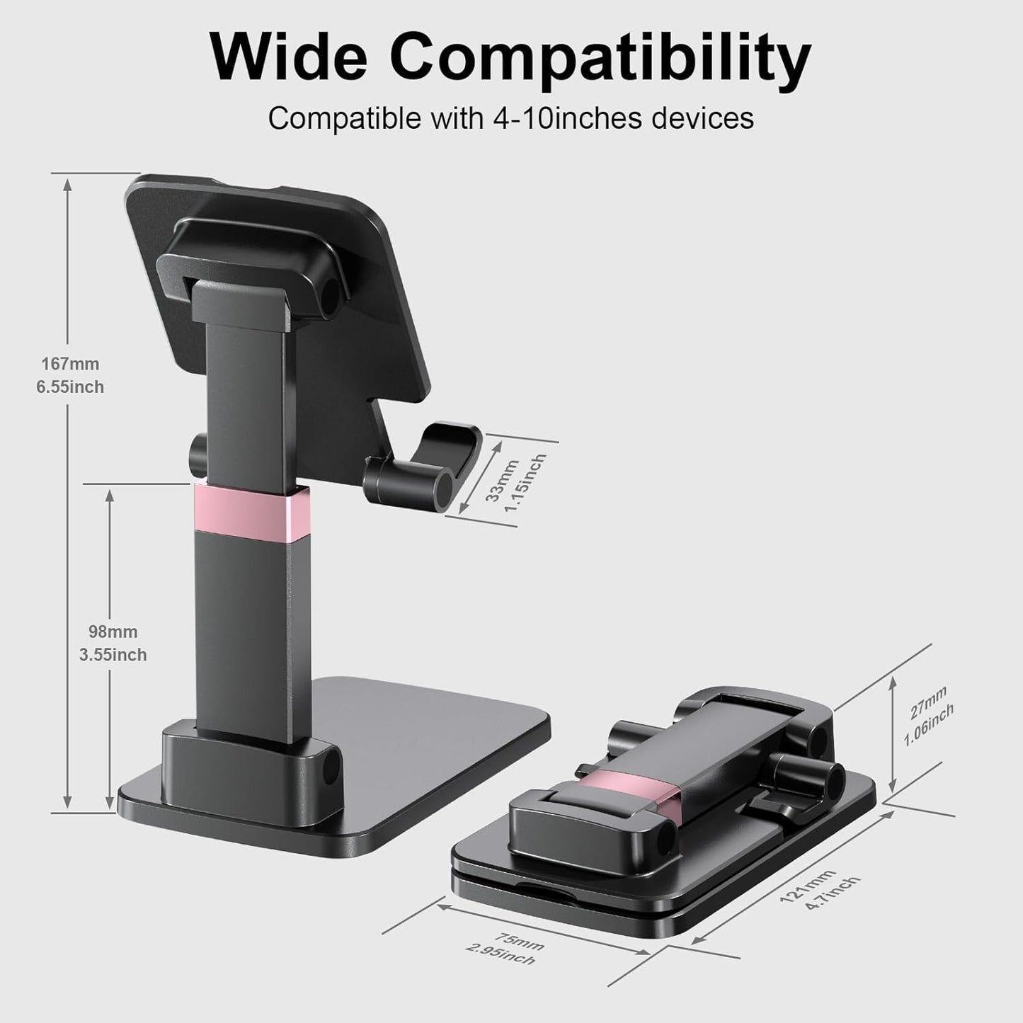Phone Stand for Desk Cellphone Holder Height Angle Adjustable Stands, Anti-Slip Base, Compact Design for iPhone Android Devices,Black,1Pack