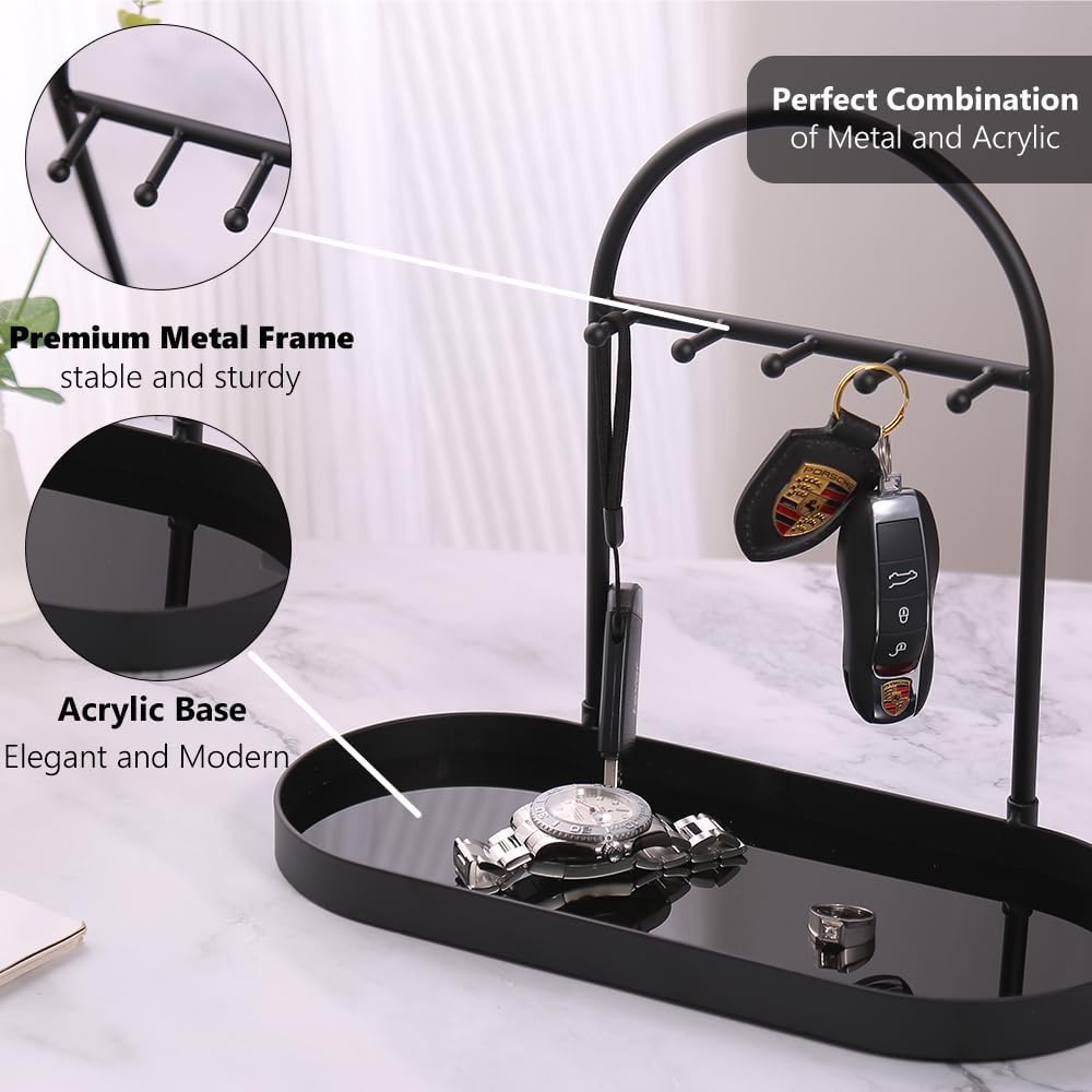 Shinpuru Metal Jewelry Organizer Stand & Key Holder Tray with Acrylic Base, Key Stand and Jewelry Tray with 5 Hooks, Perfect Key Bowl, Valet Key Tray, Ring Holder, Jewelry Dish (Silver Black)