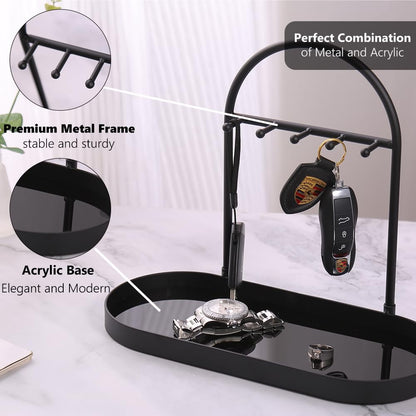 Shinpuru Metal Jewelry Organizer Stand & Key Holder Tray with Acrylic Base, Key Stand and Jewelry Tray with 5 Hooks, Perfect Key Bowl, Valet Key Tray, Ring Holder, Jewelry Dish (Silver Black)