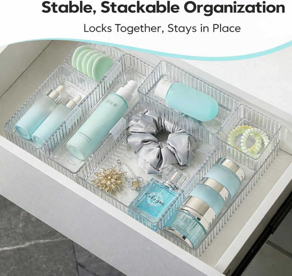 7 PCS Clear Drawer Organizer Bins, 4 Sizes with 7 Connector Clips, Stackable Makeup Vanity Organizer Trays for Bathroom Drawers, Cosmetics, Office Supplies, Kitchen Utensils & Gadgets