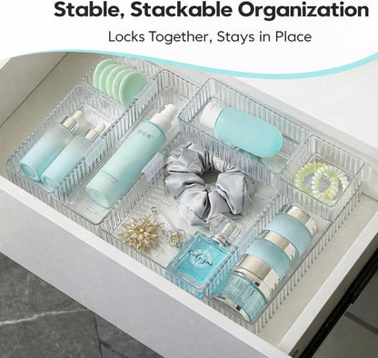 7 PCS Clear Drawer Organizer Bins, 4 Sizes with 7 Connector Clips, Stackable Makeup Vanity Organizer Trays for Bathroom Drawers, Cosmetics, Office Supplies, Kitchen Utensils & Gadgets