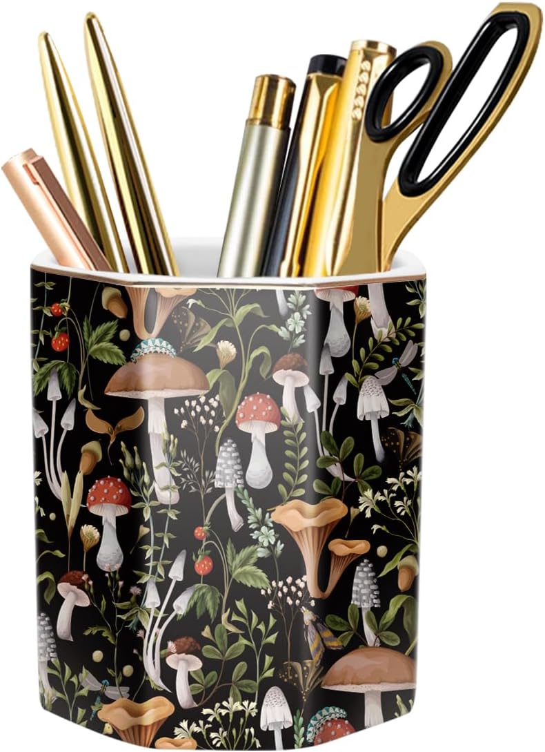 WAVEYU Ceramic Pen Holder for Desk Cute, Pencil Cup Pot Desk Organizer, Makeup Brush Holder for Women, Men, Kids, Desk Marble Decor for Office, Classroom, Home, Gray Golden