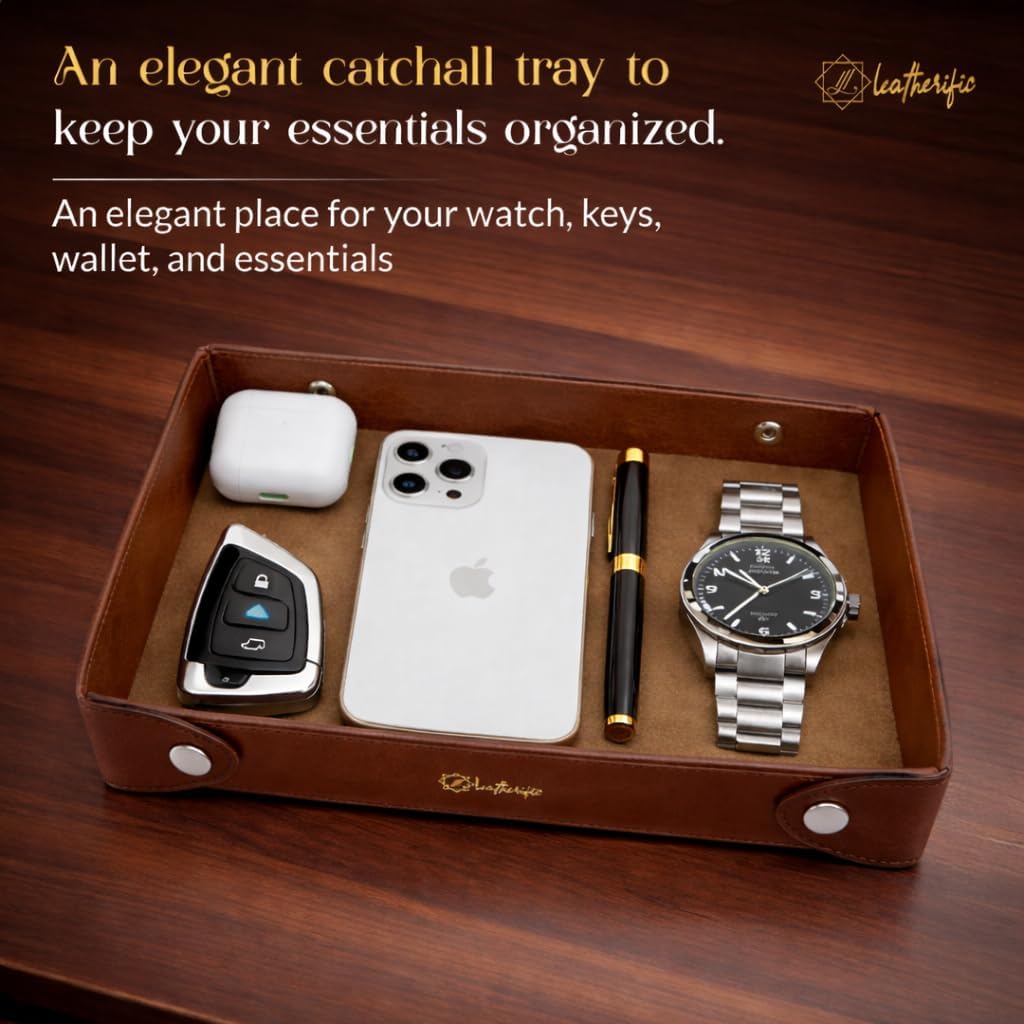 Luxe Genuine Leather Valet Chronicle Tray | Premium Handmade Multipurpose Catchall Tray, Coin Watch Key Trinket Dish for Home Office Desk, Nightstand Entryway (Russet, 11 x 9 x 1.5)