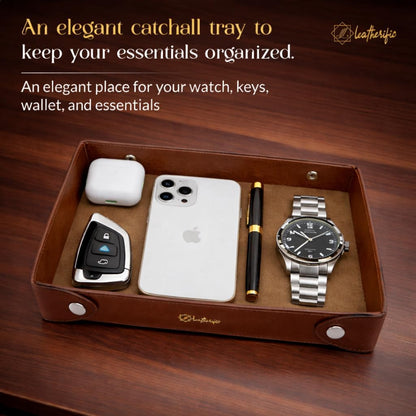 Luxe Genuine Leather Valet Chronicle Tray | Premium Handmade Multipurpose Catchall Tray, Coin Watch Key Trinket Dish for Home Office Desk, Nightstand Entryway (Russet, 11 x 9 x 1.5)