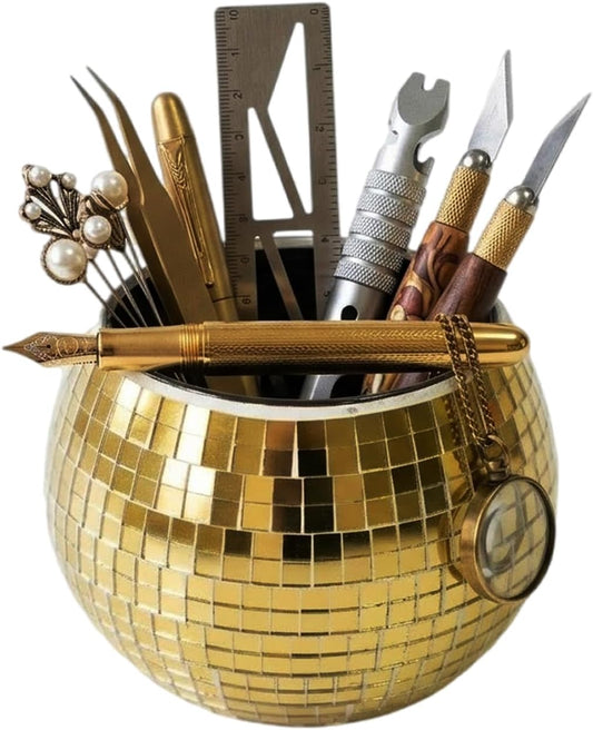 Disco Ball Makeup Brush Holder & Pen Cup - Fun Desk Accessories for Office, Cute Aesthetic Room Decor, 4.7 inch Unique gift vase for Her (rosegold)