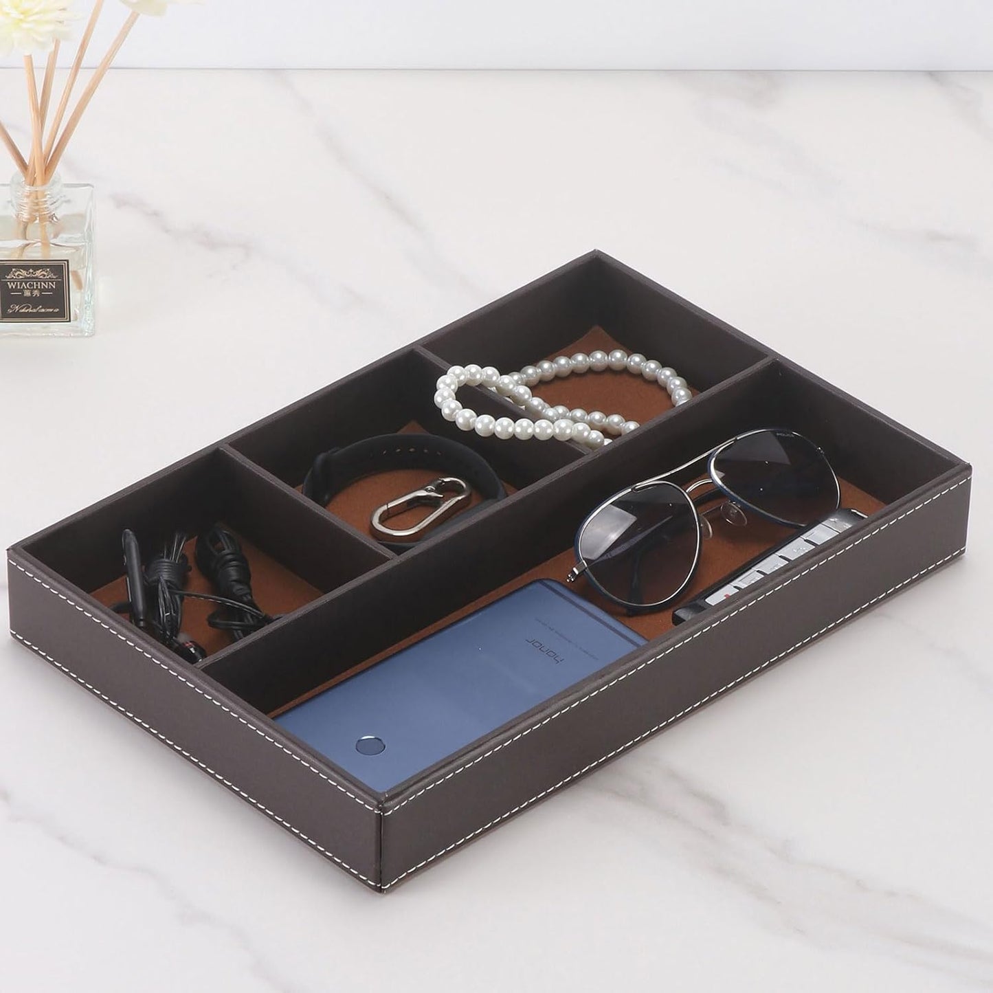 Desktop Glove Box, Nightstand or Dresser Organizer, Valet Tray, Entry Table Organizer, Dresser Storage Box,PU Leather Drawer Storage Decorative Trays.