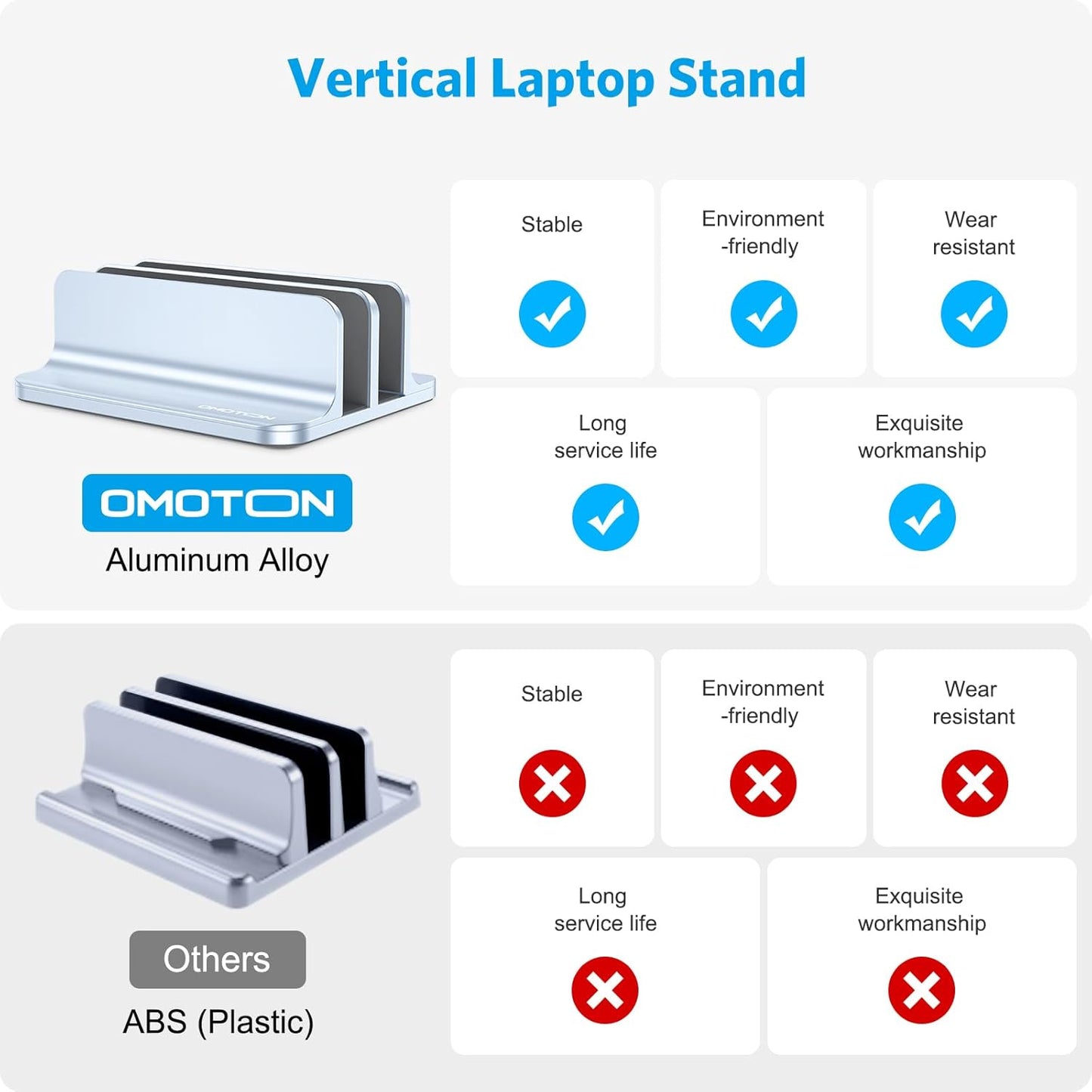 OMOTON Vertical Laptop Stand [Updated 3-Slots Version], Desktop Aluminum Mac Book Stand with Adjustable Dock Size, Fits All Mac Book, Chrome Book and Gaming Laptops (Up to 17.3 inch), Starlight