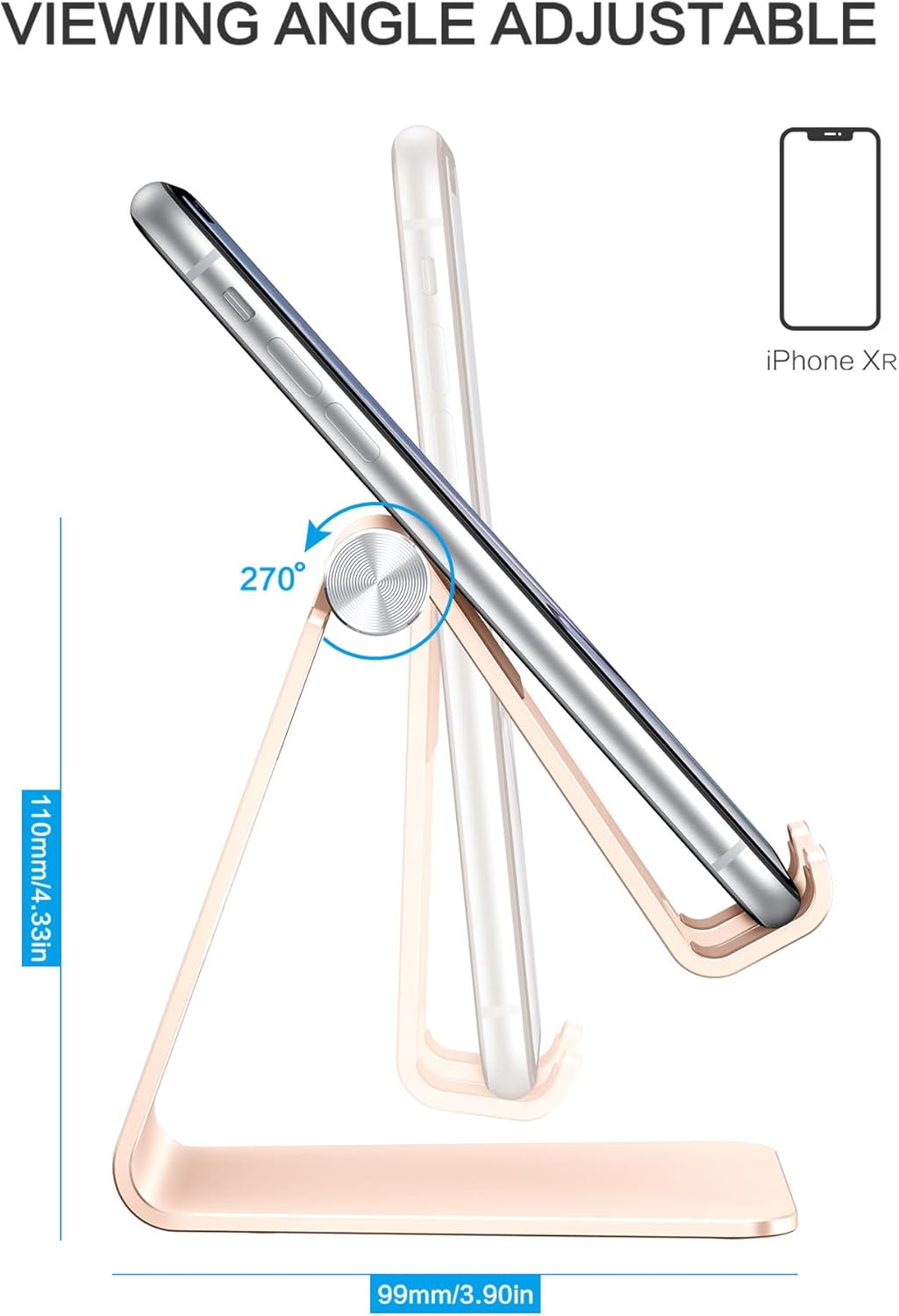 Adjustable Cell Phone Stand, OMOTON Aluminum Desktop Cellphone Stand with Anti-Slip Base and Convenient Charging Port, Fits All Smart Phones, Silver