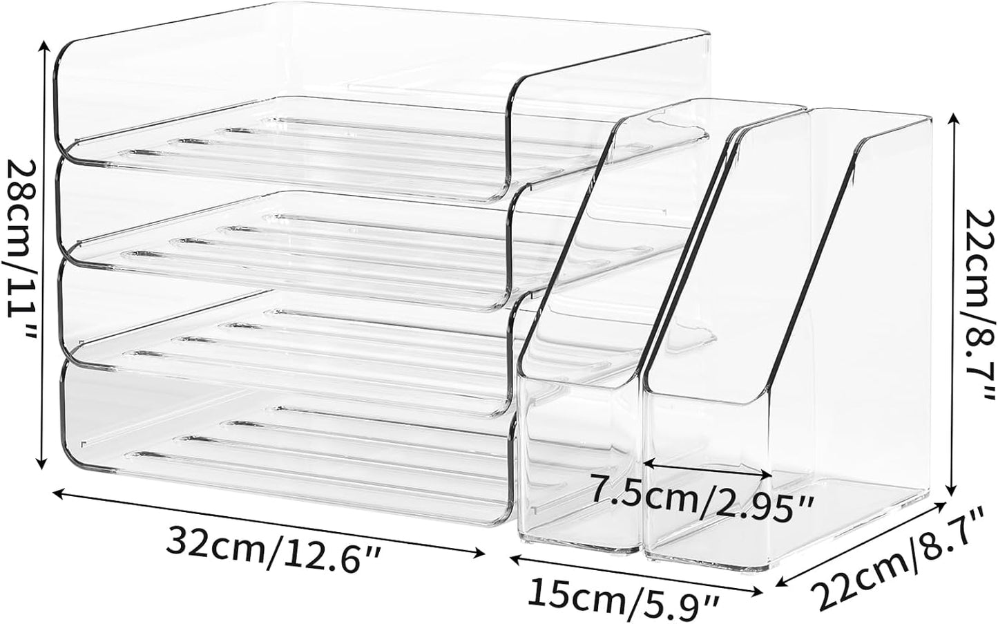 FANXIYQ 4-Tier Horizontal Acrylic Paper Tray Organizer with Bookends | Clear Stackable Desk Organizer for Documents, Letters, A4 Paper | Modern Office/Classroom/Home Organization
