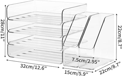 FANXIYQ 4-Tier Horizontal Acrylic Paper Tray Organizer with Bookends | Clear Stackable Desk Organizer for Documents, Letters, A4 Paper | Modern Office/Classroom/Home Organization