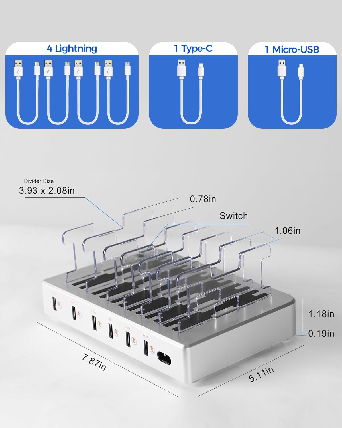 300W Charging Station for Multiple Devices, Fast Charging 6 Port Charging Station - Compatible with iPhone iPad Android Tablets, Home Office Travel Organizer