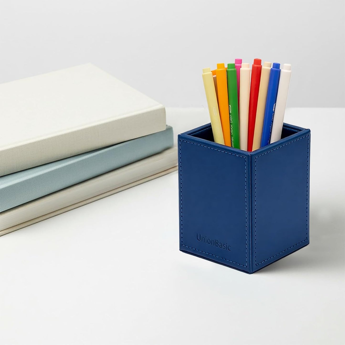 UnionBasic Square Pen Holder, Leather Pencil Cup, Desktop Caddy Stationery Organizer, Beige