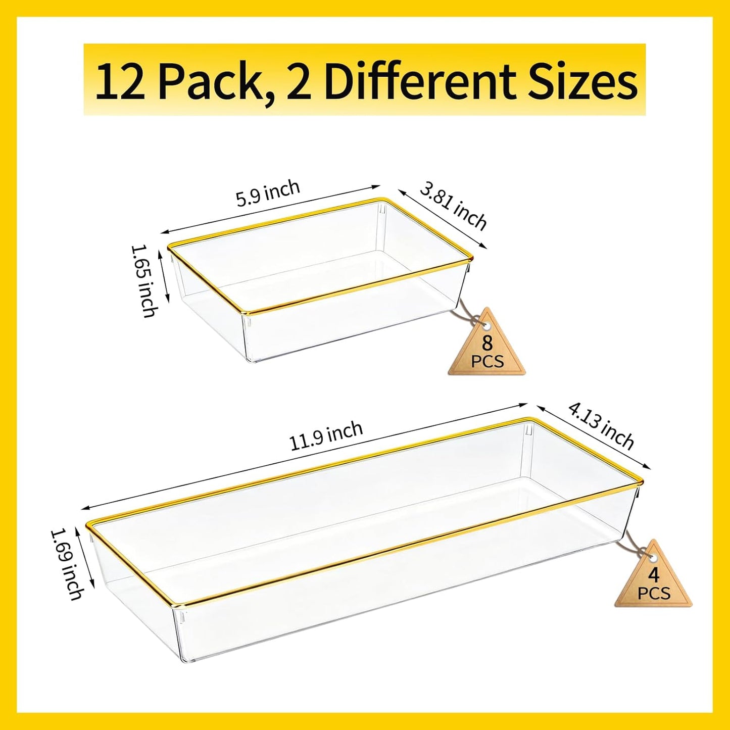 4 Pack Large Size Clear Stackable Drawer Organizer Trays, Gold Rim Makeup Drawer Storage Tray Divider, Desk Storage for Makeup, Jewelry, Bathroom, Stationary, Kitchen Utensils and Office Desk