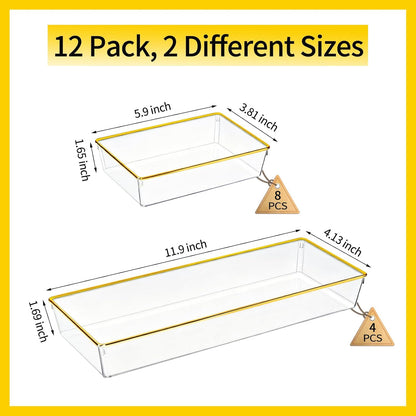 4 Pack Large Size Clear Stackable Drawer Organizer Trays, Gold Rim Makeup Drawer Storage Tray Divider, Desk Storage for Makeup, Jewelry, Bathroom, Stationary, Kitchen Utensils and Office Desk