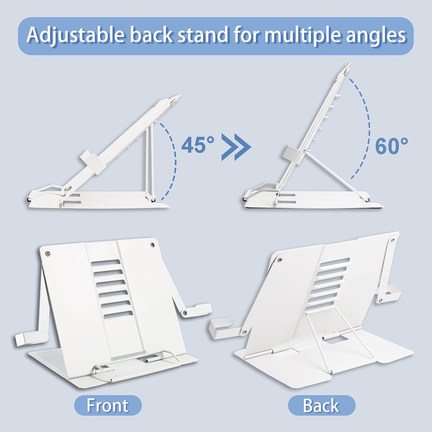 Metal Desk Book Stand for Reading with Adjustable Clips, Hands-Free Foldable Book Holder for Kids, Portable Document Stand for Desk, Display Stand for Recipes, Cookbooks, Tablets - Purple