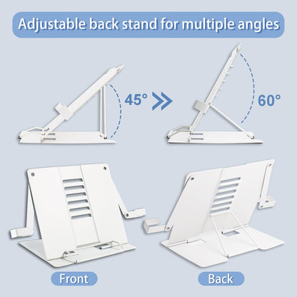 Metal Desk Book Stand for Reading with Adjustable Clips, Hands-Free Foldable Book Holder for Kids, Portable Document Stand for Desk, Display Stand for Recipes, Cookbooks, Tablets - Purple
