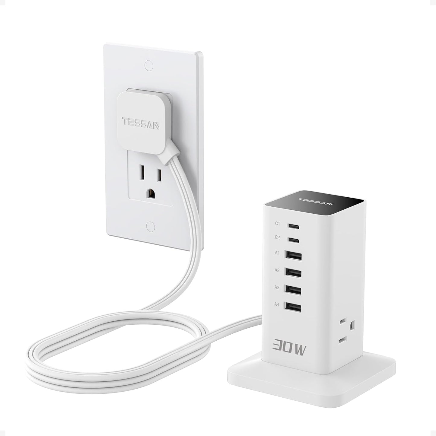 Charging Station for Multiple Devices, TESSAN 9-in-1 USB C Power Strip for iPhone 17/16/15, MacBook, Tablet, Desktop Phone Fast Charger with 3 AC, USB Charger, Home Drom Office Accessories, White-65W