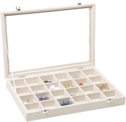 Stratalife Jewelry Organizer Bracelet Organizer Storage Box 12 Grid Stackable Jewelry Tray with Lid Velvet Jewelry Box for Drawer Necklace Bracelet Display Storage Organizer Box (Beige)