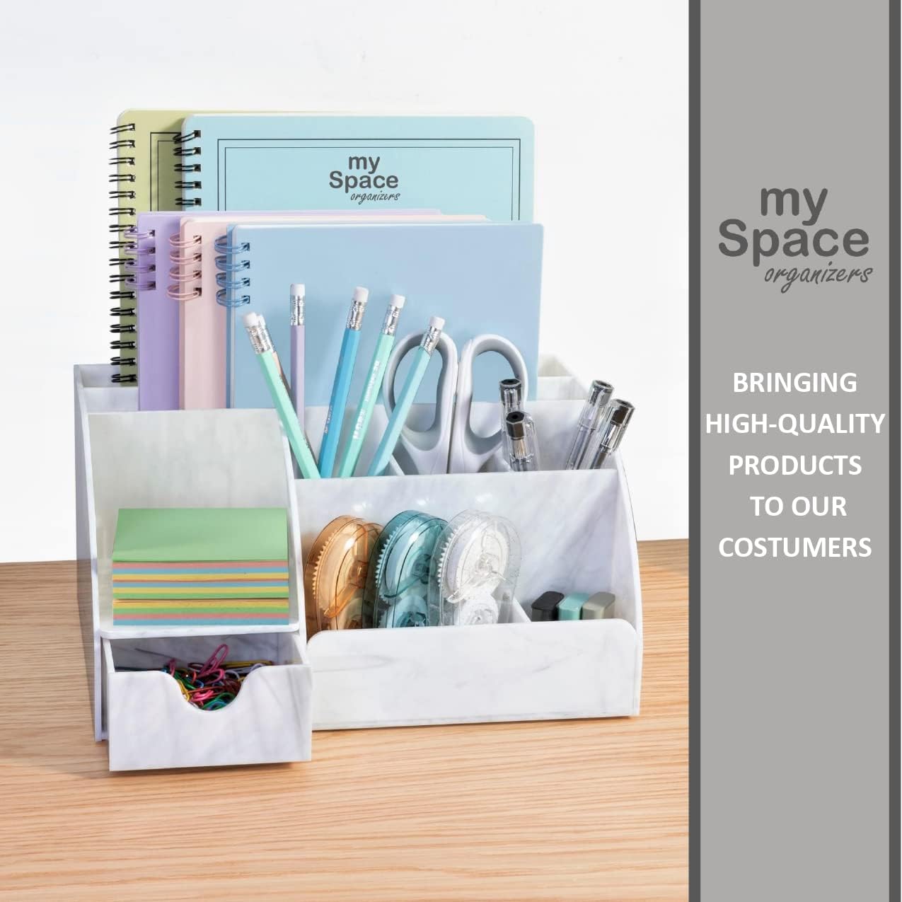 My Space Organizers Clear Acrylic Desk Oganizer, 9 Compartments, Office Supplies and Desk Accessories Organizer, Home Decor Desktop Organizer (Clear)