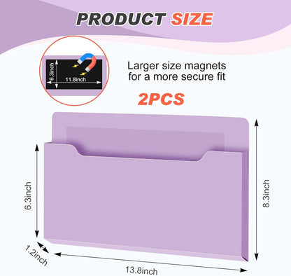 Feifeiya 2 Pcs Magnetic File Folder Wall Hanging Holder Large Pocket Paper Magazine Mail Organizer for Refrigerator Classroom Locker Whiteboard(Vertical,Purple Color,12.2 x 9.4 Inches)