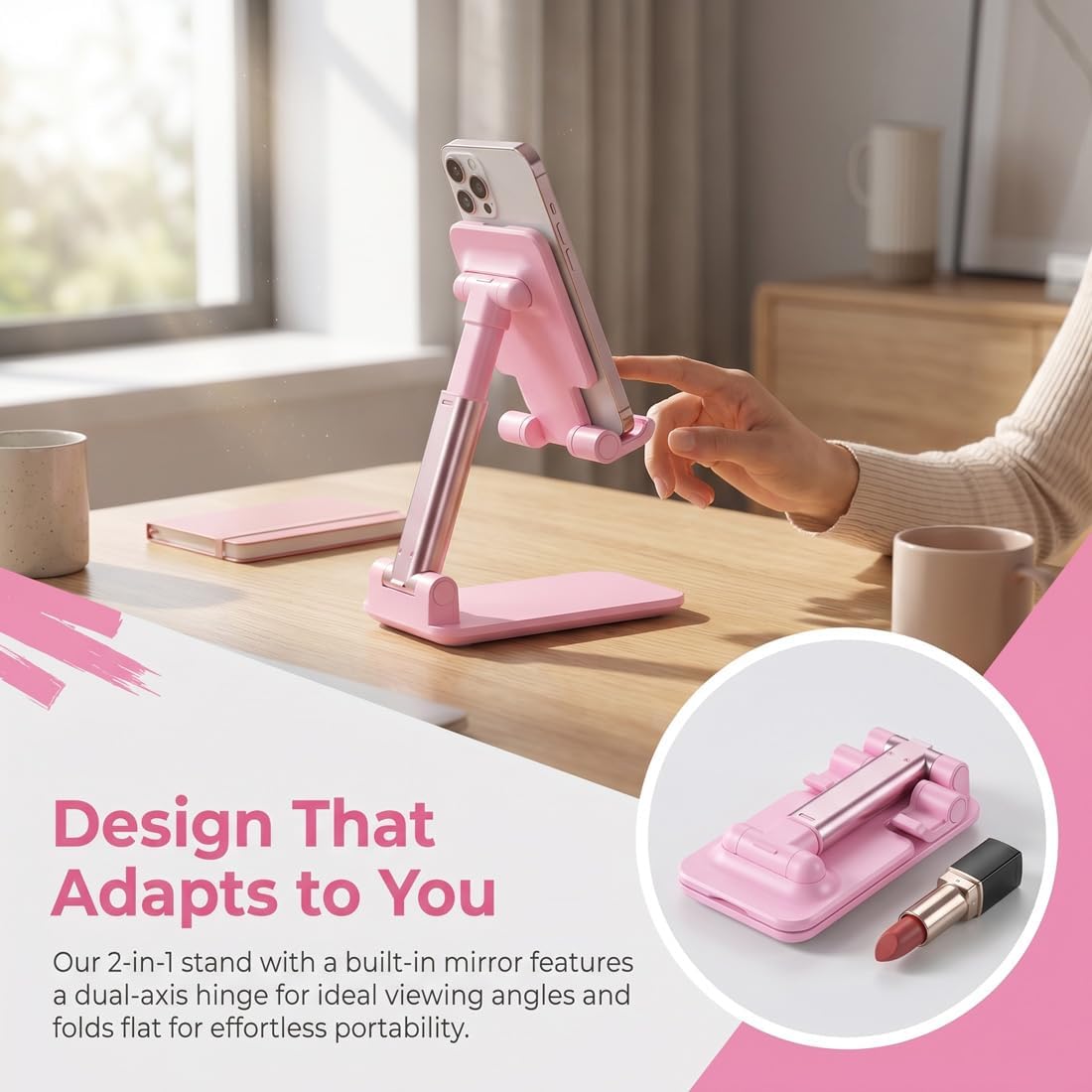 Cell Phone Stand, Angle Height Adjustable Cell Phone Holder with Silicon Pad for Desk Fully Forldable Mobile Phone Holder Compatible with All Mobile Phones, MT-6, (White)