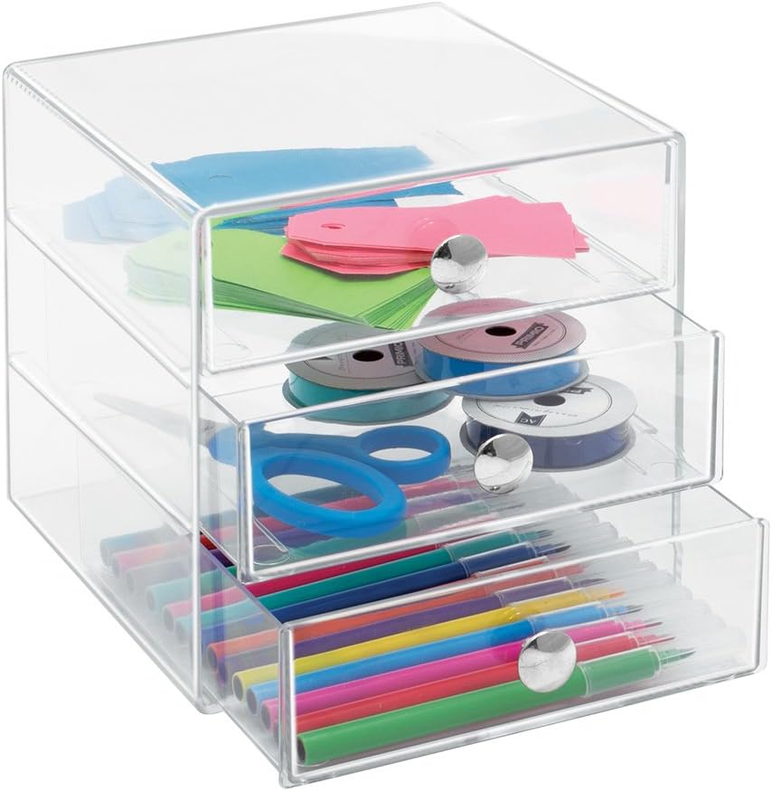iDesign 3-Drawer Plastic Vanity Organizer, Compact Storage Organization Drawers Set for Cosmetics, Dental Supplies, Hair Care, Bathroom, Dorm, Desk, Countertop, Office, 6.5" x 6.5" x 6.5", White