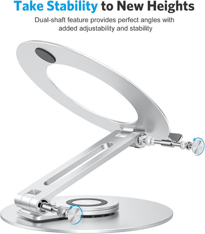 OMOTON Adjustable Laptop Stand with 360 Rotating Base, Ergonomic Laptop Riser for Collaborative Work, Dual Rotary Shaft Fully Foldable for Easy Storage, Fits All Laptops up to 16 inches, Silver