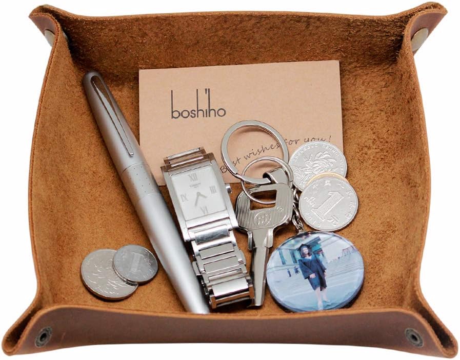 boshiho Valet Tray for Men, Leather Jewelry Catchall Key Phone Coin Box Change Caddy Bedside Storage Box (Crazy Horse Leather - Dark Brown)