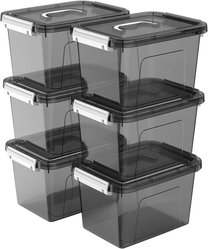 Stackable Plastic Black Storage Bins with Lids 6 Pack, 12 Quart Modular Organizer Boxes with Secure Latches for Closet, Pantry, Office and Small Item Storage