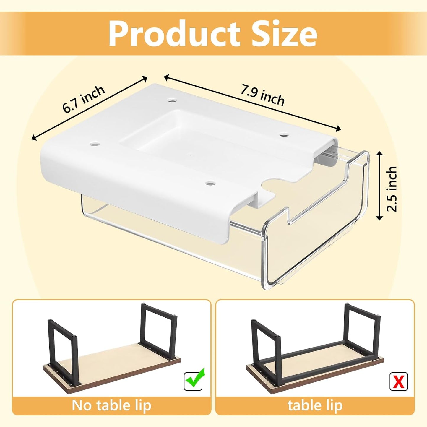 Under Desk Storage Drawers Self-Adhesive Easy Hidden Desktop Organizer, Attachable Clear Acrylic Storage Tray Under Table Drawer for Home Office School Counters Workstation, 2 Pack