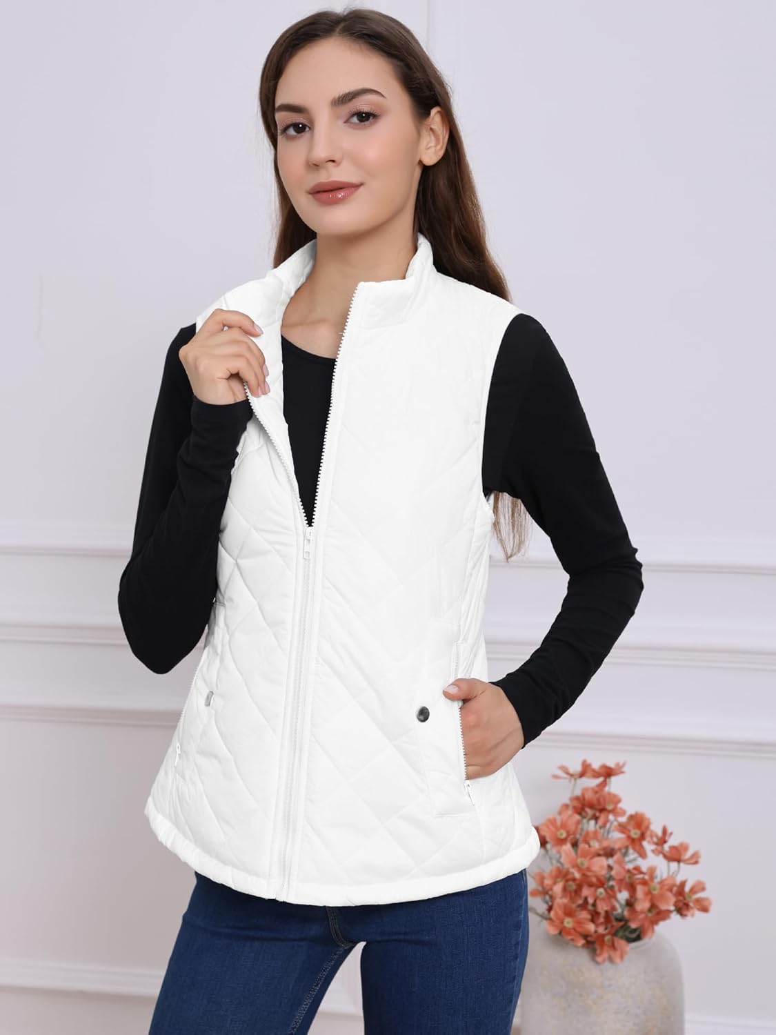 Allegra K Women's Puffer Vest Stand Collar Lightweight Gilet Quilted Zip Vest