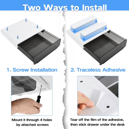 Self-adhesive Under Desk Drawer Organizer, 2 Pack Table Hidden Slide Out Large Storage Mounted Desktop Pencil Holder Tray Drawers for Office Home School Stationery Kitchen (Large, White)