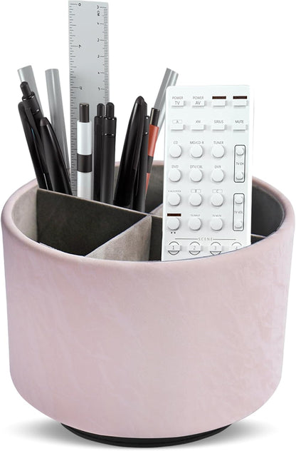 Hennaja Round Leather Art Supply Organizer,Remote Control Holder,360 Degree Rotating,Multi-Functional Pencil Holder,4 Compartments Desktop Stationary Organizer(1-Blue Bird) - Colors B