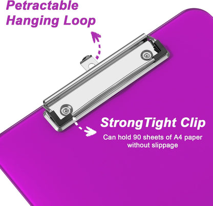 Rimilak 8.5 x 11 Plastic Clipboards Set of 2, Low Profile Metal Clip, Translucent Board, 12.5 x 9 in Letter Size, Office Supply, Back to School, Purple