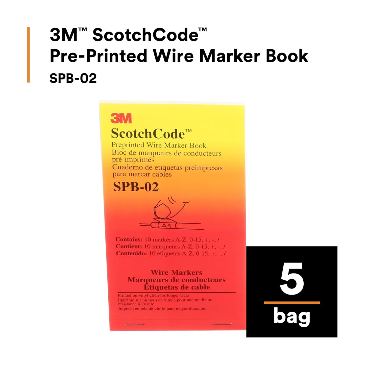 3M ScotchCode Pre-Printed Wire Marker Book SPB-03, Vinyl Coated, Black Printed Numbers (10) each 1–45, White Background Highlights Characters, 1 Book