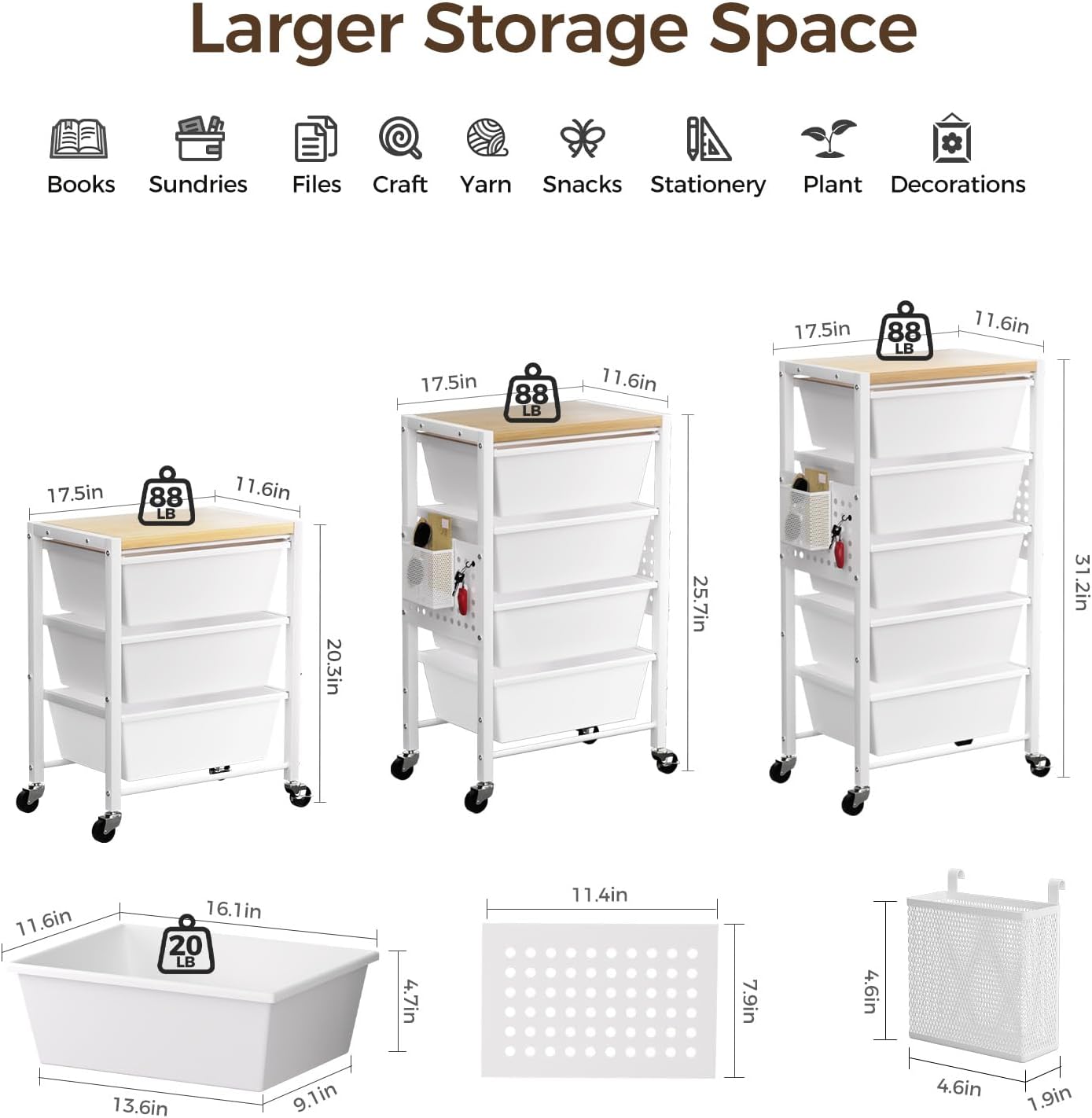 Rolling Cart with 3 Drawers, Plastic Drawer Storage Carts with Lockable Wheels & Wooden Tabletop, Metal Utility Cart Organizer, Office Bedroom Classroom Craft Organization and Storage, Bright White