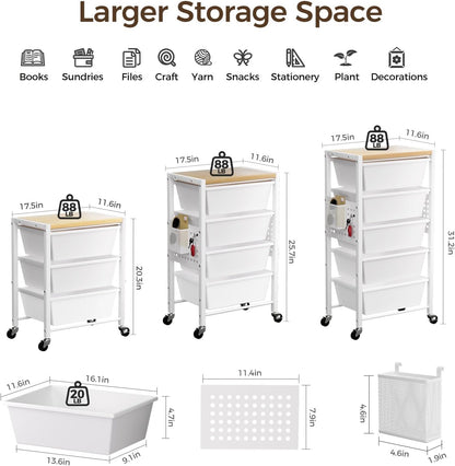 Rolling Cart with 3 Drawers, Plastic Drawer Storage Carts with Lockable Wheels & Wooden Tabletop, Metal Utility Cart Organizer, Office Bedroom Classroom Craft Organization and Storage, Bright White