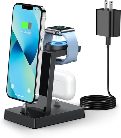 30W Charging Station for Multiple Devices - ADADPU 3 in 1 Charger Stand for iPhone 14/13/12/11/XR/XS/X/8/7(Not for iPhone 15/16/17 USB C), Charging Dock for AirPods Apple Watch Series 8/7/6/5/4/3/2/SE