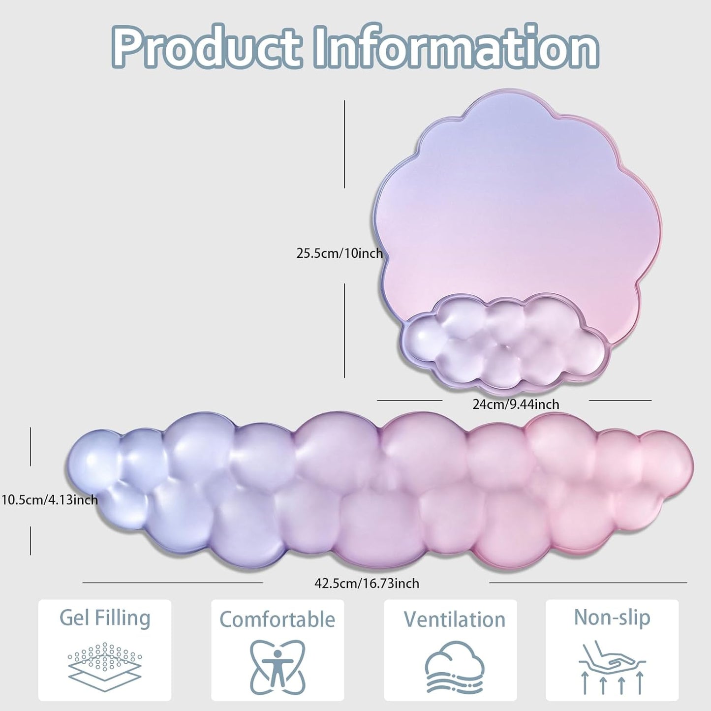 Gel Wrist Rest and Cloud Mouse Pad Support for Keyboard and Mouse - Ergonomic Pink Keyboard Wrist Pad Set for Typing Pain Relief/Computer/Laptop/Gaming/Home/Office (Cloud Shape, Gradient Blue Pink)