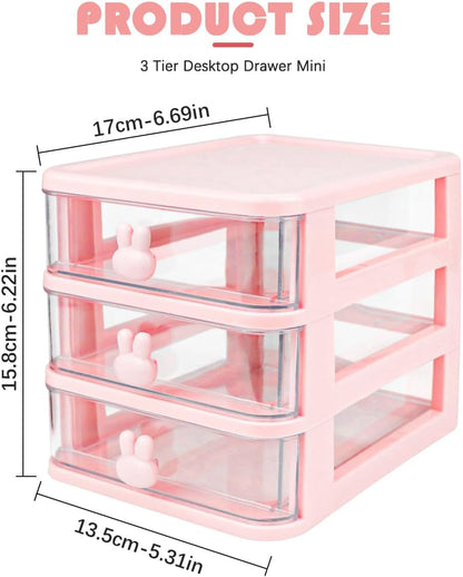 3 Layer Plastic Storage Drawer Bunny Transparent Cosmetic Organizer Rabbit Makeup Organizer Storage Container for Office School Home（White）