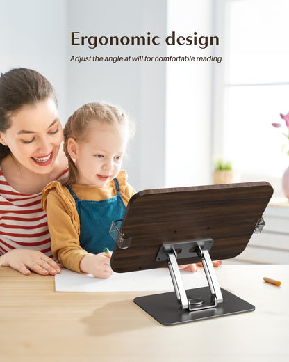 Book Stands for Reading,Adjustable Book Holder with 360° Rotating Metal Base,Foldable Cookbook Stand, Reading Hands Free with ABS Expandable Page Clips for Recipe,Textbook,Laptop