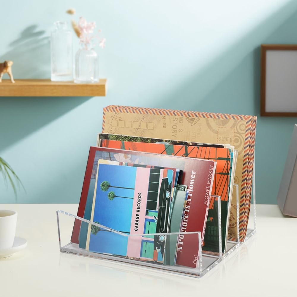 Picowe Acrylic Mail Organizer, 3-Tier Desktop File Holder for Letters, Envelopes, Bills, Paper, Desk Organizer Vertical Letter Sorter for Office and Home