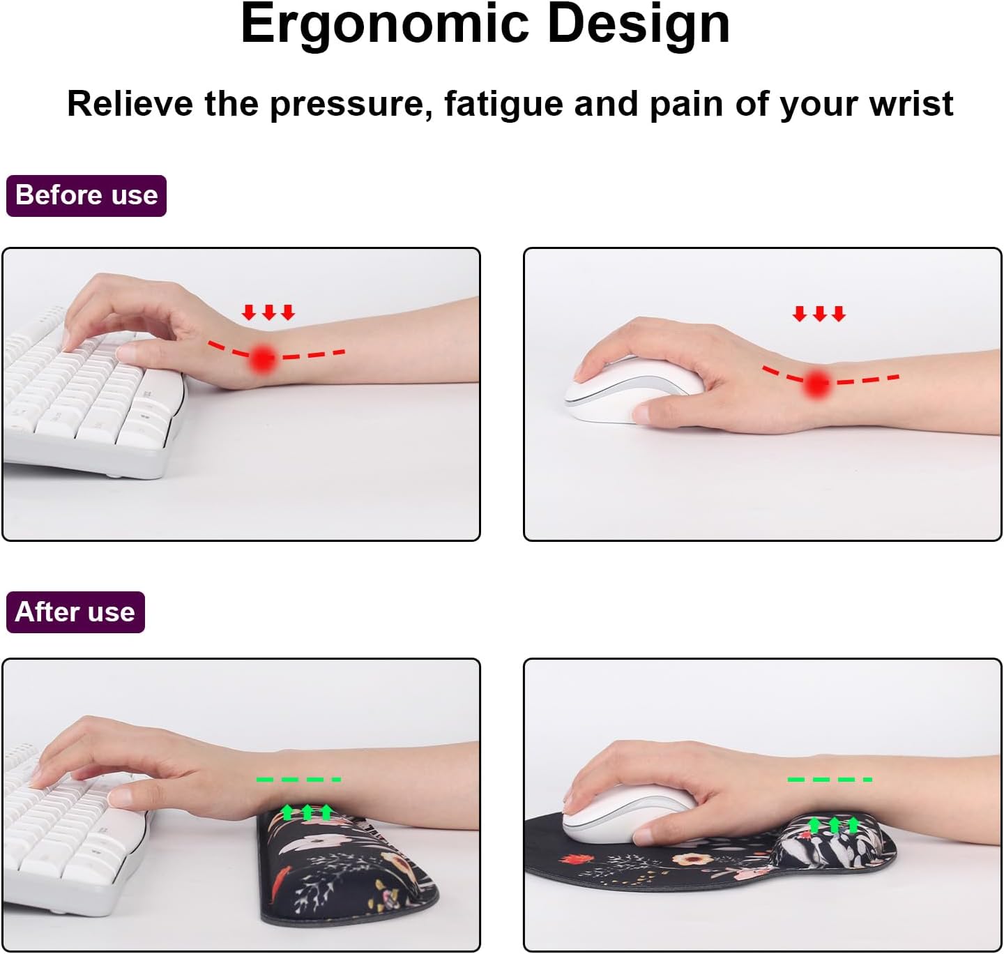 Ergonomic Mouse Pad with Wrist Rest and Keyboard Wrist Rest, Memory Foam Wrist Rest for Computer Keyboard, Easy Typing, Pain Relief, Mouse Pad Wrist Support for Gaming,Office, Laptop, Black Flower