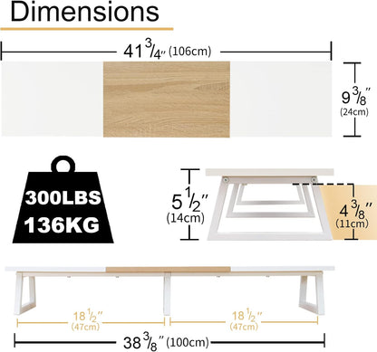 TEAMIX 42 inch Large [Dual] [Monitor] [Riser],Rustic Brown Extra Long TV [Stand Wood & Steel Desktop [Riser] with Storage for [Dual] Screen Office Desk Organization