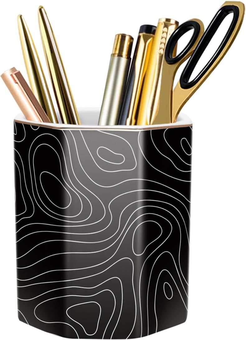 WAVEYU Ceramic Pen Holder for Desk Cute, Pencil Cup Pot Desk Organizer, Makeup Brush Holder for Women, Men, Kids, Desk Marble Decor for Office, Classroom, Home, Gray Golden
